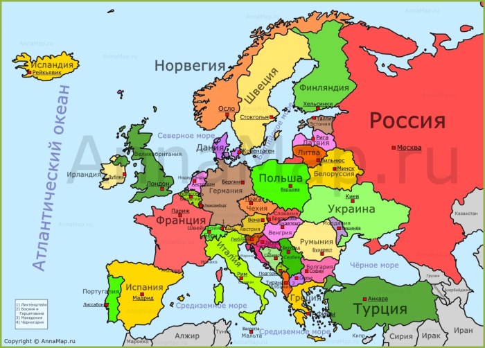 Политическая карта Европы со странами на русском