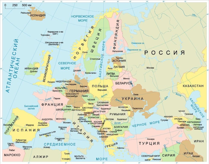 Карта зарубежной Европы со столицами
