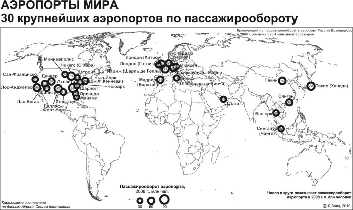 Крупнейшие аэропорты мира на контурной карте
