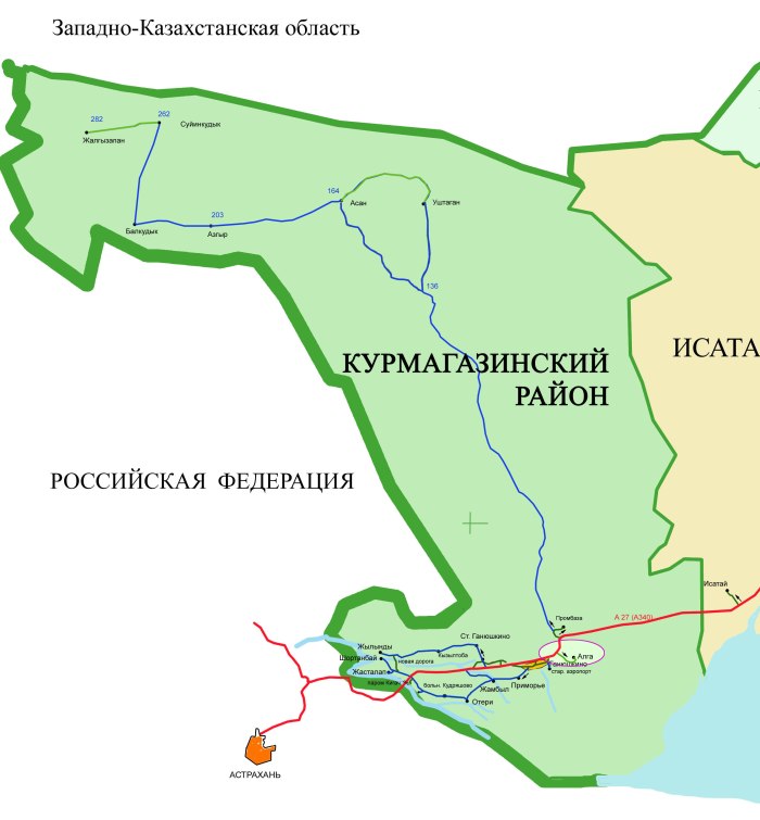 Карта Атырауской области по районам
