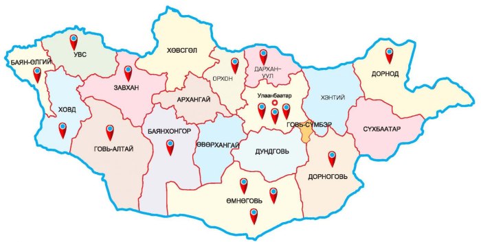 Карта Монголии с аймаками