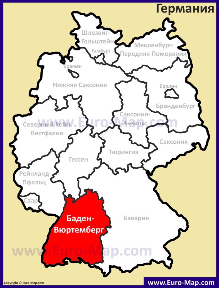 Карта земли Baden Wurttemberg Германия