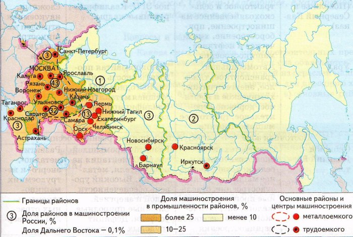 Центры машиностроения в России на контурной карте