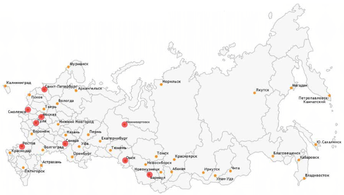 Карта РФ С крупными городами