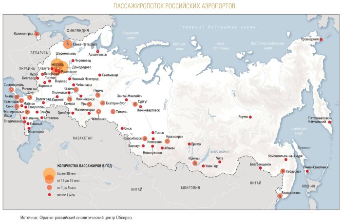 Крупные аэропорты России на карте