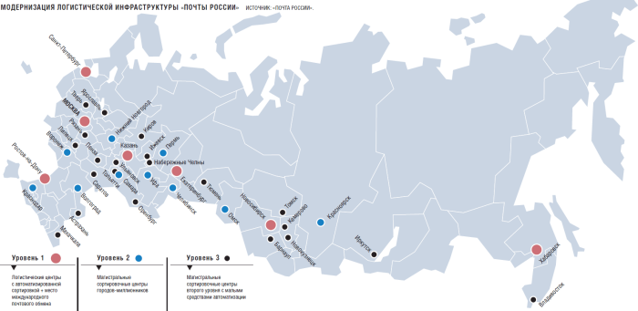 Карта сортировочных центров почты России