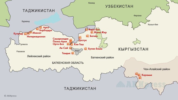 Граница Киргизии и Узбекистана на карте