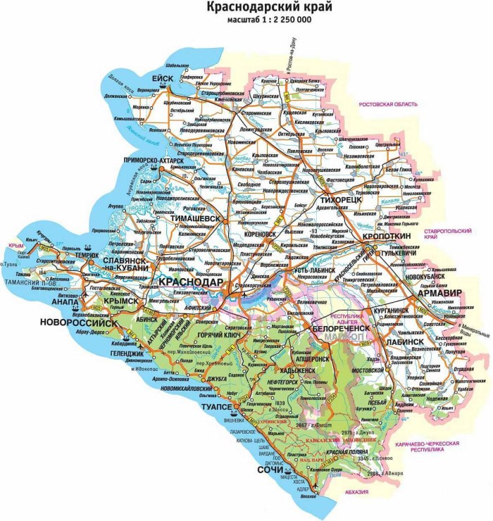Карту Краснодарского края с городами и селами