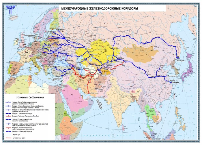 Карта международных транспортных коридоров на территории России